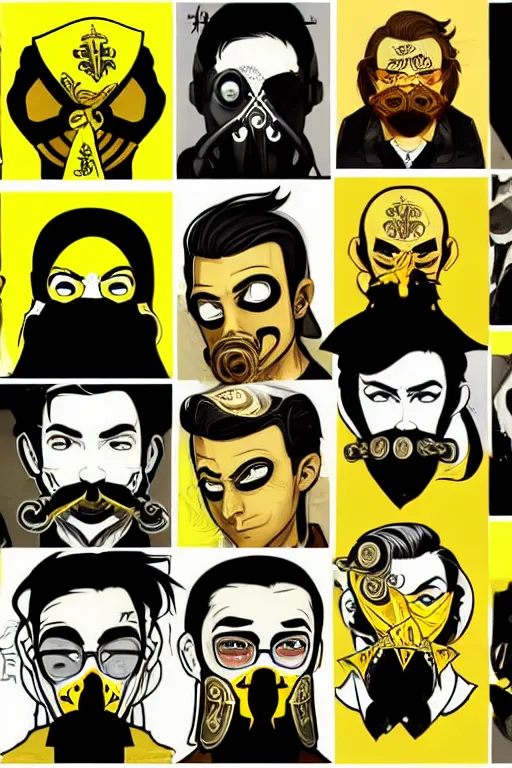 Image similar to saints street gang wear yellow bandanas, and some of them have thick mustachesdigital art, artgrem, illustration, concept art, pop art style, dynamic comparison, fantasy, bioshock art style, gta chinatowon art style, hyper realistic, face and body features, without duplication noise, hyperdetails, differentiation, sharp focus, intricate