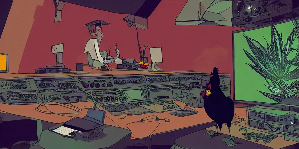 Image similar to 'black chicken'!!! smoking 'cannabis!!!!!!' in front of 'audio console'!!!! and 'multi monitors!!!!!!' in a tv broadcasting studio, artwork by James Gilleard