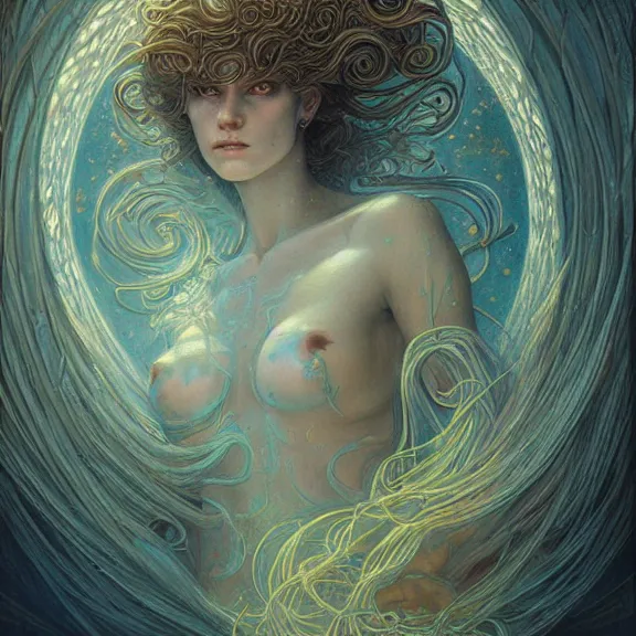 Image similar to a highly detailed beautiful portrait in the style of jean delville and in the style of peter mohrbacher. glowing runes of magical power.