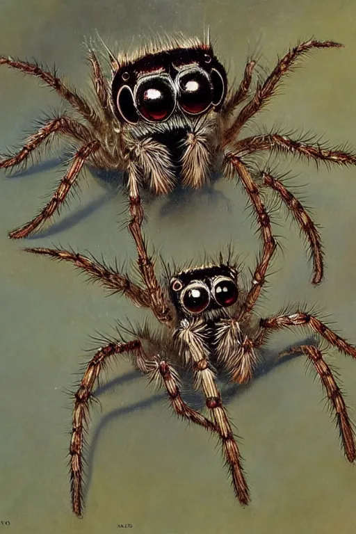 Prompt: closeup portrait of royal jumping spider. painting by gaston bussiere and craig mullins and j. c. leyendecker and ernst haeckel and john william godward and hammershøi