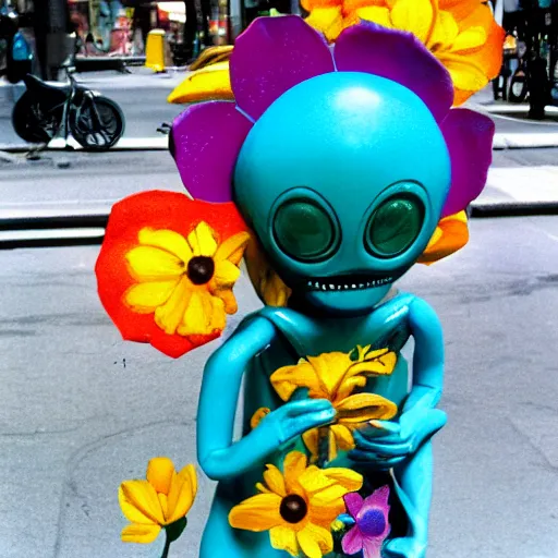 Prompt: colourful, friendly, happy, flowery, existential alien from the movie alien at a bus stop in new york, 3 5 mm lens.