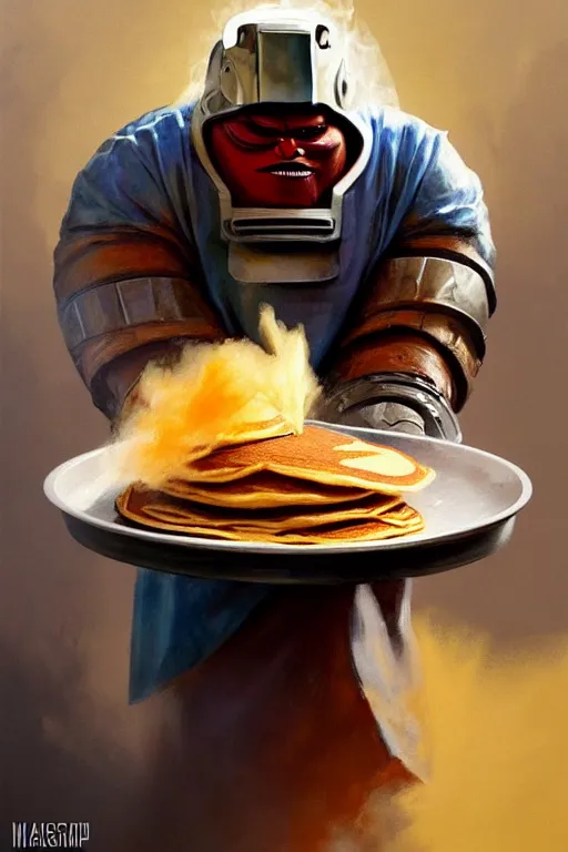 Image similar to mf doom as cooking pancakes animation pixar style, shaded lighting poster by magali villeneuve, artgerm, jeremy lipkin and michael garmash, rob rey and kentaro miura style, trending on art station