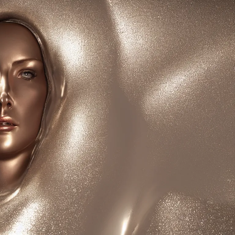 Prompt: octane render portrait by wayne barlow and carlo crivelli and glenn fabry, the ultra - sharp smooth perfect symmetrical face of a beautiful woman wearing a small shiny reflective chrome mask, inside a giant massive wave of liquid gold, cinema 4 d, ray traced lighting, very short depth of field, bokeh