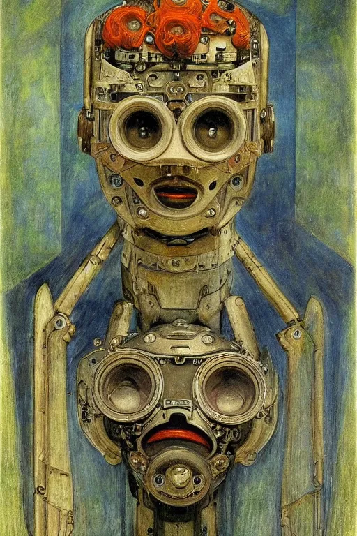 Image similar to the robot in her mechanical mask,by Annie Swynnerton and Diego Rivera, symbolist, dramatic lighting, elaborate geometric ornament, Art Brut, bioluminescent, soft blues and greens,smooth, sharp focus, extremely detailed, Adolf Wölfli