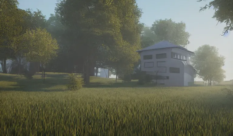 Image similar to A serene landscape with a singular building in the style of raytracing