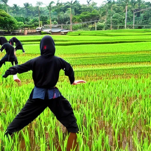 Image similar to ninja training in a rice fields fighting with a giant monster lobster