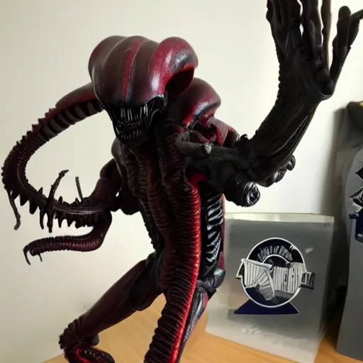 Prompt: xenomorph action figure, home display