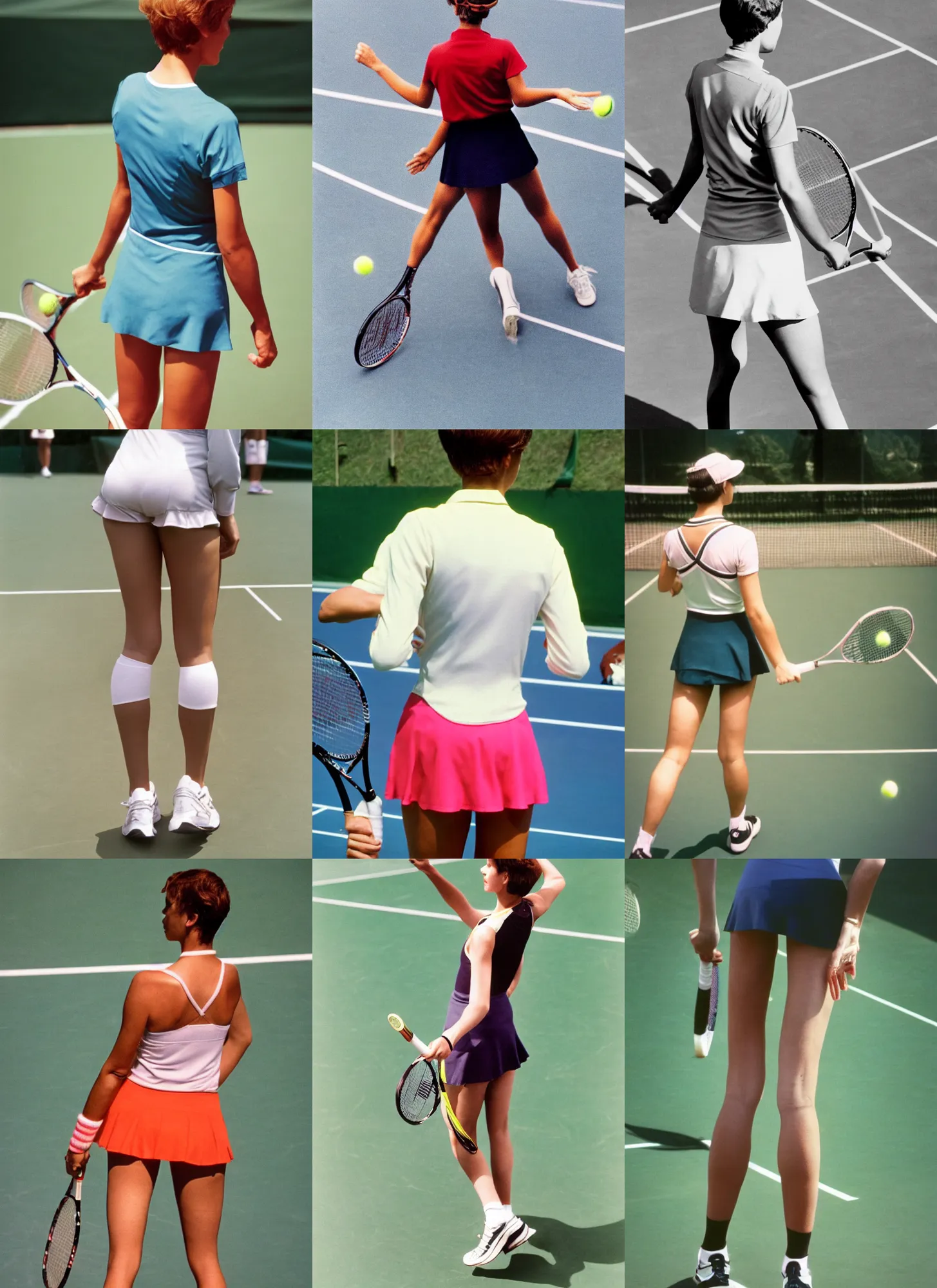 Prompt: A woman, tennis wear, short hair, tights; on the tennis coat, summer; 90's professional color photograph, close up, view from behind,