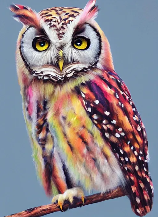 Prompt: realistic portrait beautiful painting of japanese owl, colorful bird feathers, wearing woman hat. full body, fine art, trending on artstation, smooth draw, sharp focus, digital art, bright colors, fine draw, perfect lighting, high render, high resolution.