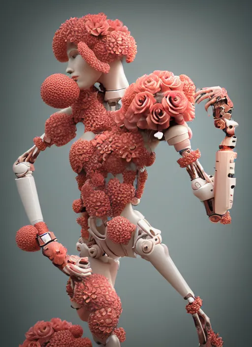 Image similar to biomechanical mannequin carrying perfume enchanted coral kingdom made of corals, daisies, roses in an ivory room well contoured smooth fair walls, up close shot, sharp focus, global illumination, radiant light, alexandre ferra white mecha, irakli nadar, octane highly render, 4 k, ultra hd,