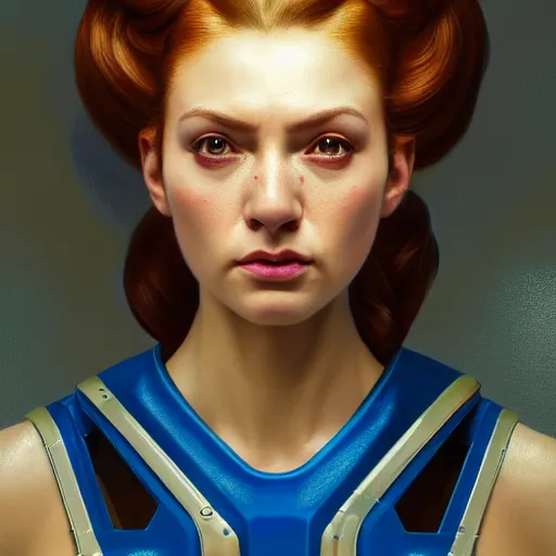 Prompt: head and shoulders portrait of a female Megaman semirealistic, digital illustration, dark fantasy, medium shot, intricate, elegant, highly detailed, digital painting, volumetric light, artstation, concept art, smooth, sharp focus, illustration by Sachin Teng, armor by Donato Giancola, face by Gil Elvgren, paintstrokes by Greg Manchess, background by Alphonse Mucha