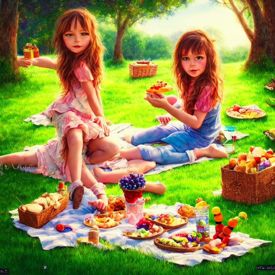 Image similar to epic professional digital portrait of 🧸🧺 picnic, for kids happy, cheerful, fun, kid safe, detailed, hdr, 4 k, best on wlop, pixiv, stunning, gorgeous, much wow, cinematic, masterpiece