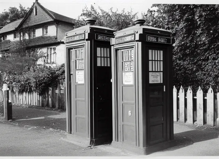 Image similar to photo of a metropolitan police box in front of houses in suburban london, police box, 1936, sepia