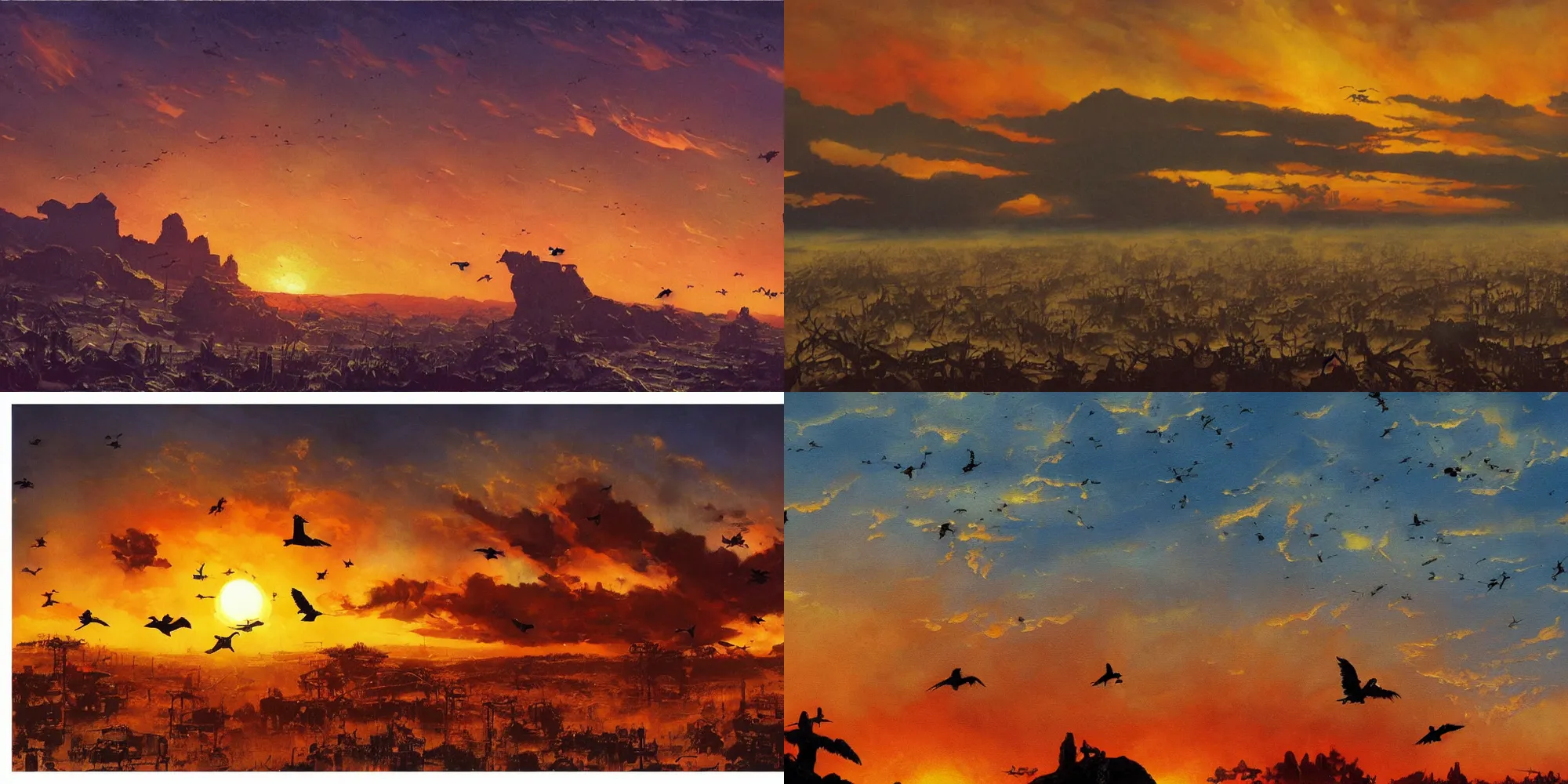 Prompt: very textured post apocalyptic panoramic cinemascope background , sunset, flying birds silhouettes, dramatic sky , backlight , oil painting art by frazetta