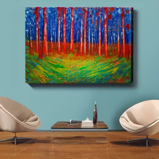 Prompt: paint drip of a forest with green, blue, red tree trunks. acrylic of canvas, impressionist painting