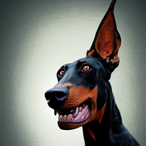 Image similar to michal karcz cartoon painting of a Doberman. , horror theme, detailed, elegant, intricate, 4k,