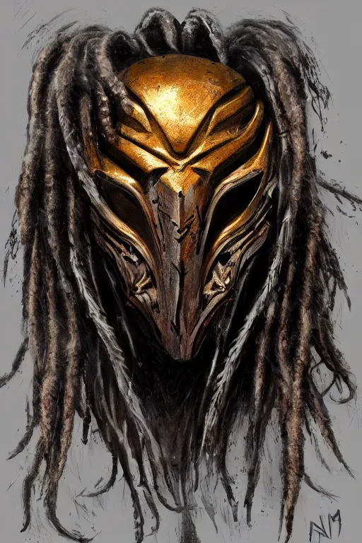 Image similar to predator 1 9 8 7 mask redesign, portrait, highly detailed, dreadlocks, mandables, digital painting, trending on artstation, concept art, illustration