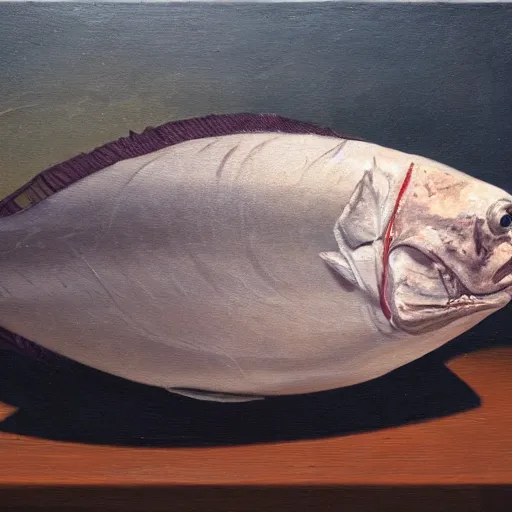 Prompt: a still life of a dead fish, oil painting