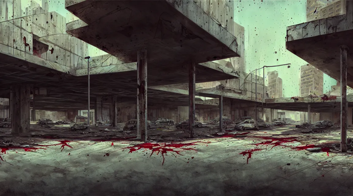 Image similar to post apocalyptic shopping center, building, avenue, extremely detailed, sharp focus, fine details, realistic shaded, depth of field, colorful, modern contemporary americana concrete architecture, by pascal blanche, greg rutkowski, shaddy safadi, neil blevins, trending on artstation, high quality, photorealistic, blood stains, crumbling, silhouettes