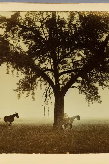 Prompt: an 1800s photo taken from a distance of a horse inside the branches of a tree
