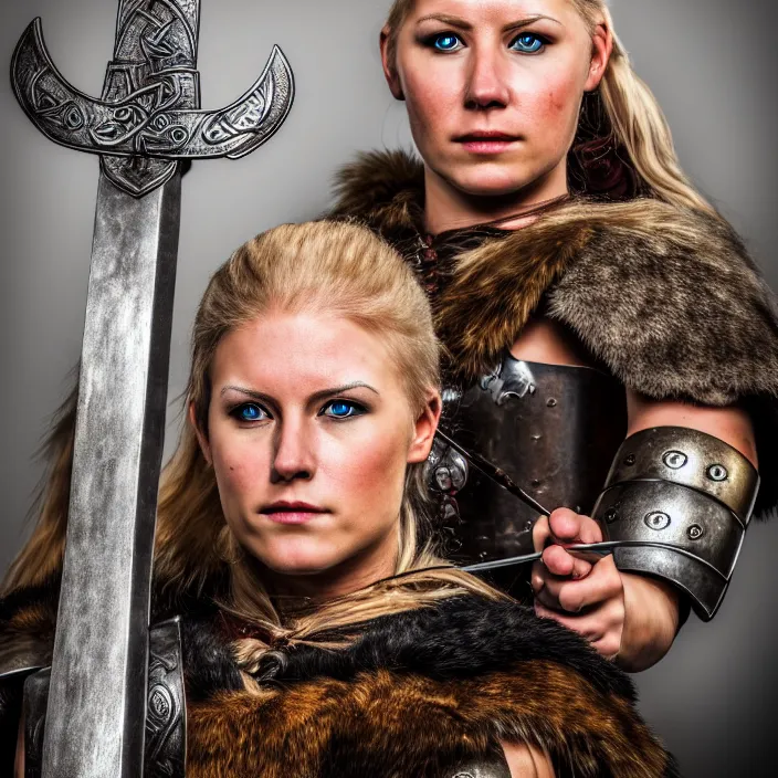 Prompt: professional photograph of a beautiful! female viking warrior. Extremely detailed. 8k