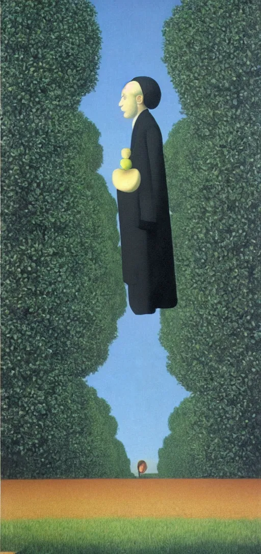 Image similar to Philosopher with apple head walking in the park on an Autumn night by Rene Magritte. Long surreal shadows. Blue.