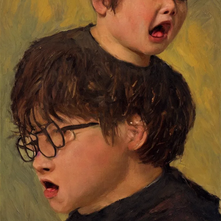 Prompt: warmly lit close up studio portrait of young angry! teenage George Costanza angrily singing, impasto oil painting thick brushstrokes by Cy Twombly and Anselm Kiefer , trending on artstation dramatic lighting Expressionism