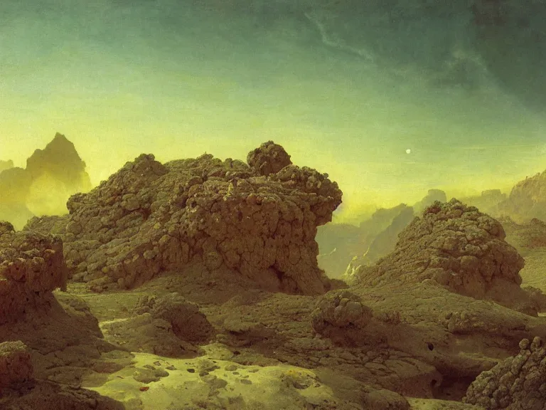 Image similar to an oil painting of a volcanic spring on an alien planet with crators and rocks. on a beautiful morning by beksinski carl spitzweg and tuomas korpi. baroque elements, full-length view. baroque element. intricate artwork by caravaggio. Trending on artstation. 8k