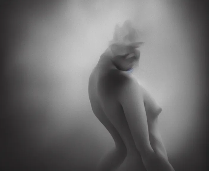Prompt: mysterious and sensual scene of human transformation // thick detailed smoke, natural soft pale skin, innocence, sophisticated hands // noir, german expressionism, 20 century photography // pure and soft 35mm double-exposure photo, award-winning photography, masterpiece, grainy, cinematic, atmospherical, high contrasted // slightly erotic, eerie and atmospheric, sophisticated and unsearchable masterpiece, deep shadows, slightly colorful, strong composition // depth of field, ambient occlusion, motion blur, HD, intricate details, sharp focus, natural textures