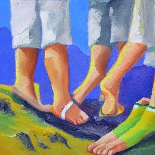 Prompt: tourists wearing sandals with socks falling down the mountain, oil painting