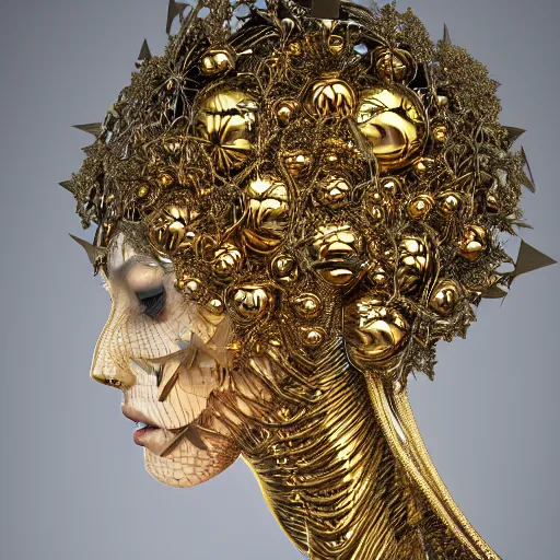 Prompt: a beautiful symmetrical head wearing a crown made of golden ornaments by alex gray and android jones , Karol Bak, Ayami Kojima, Amano , 3D, 8k resolution