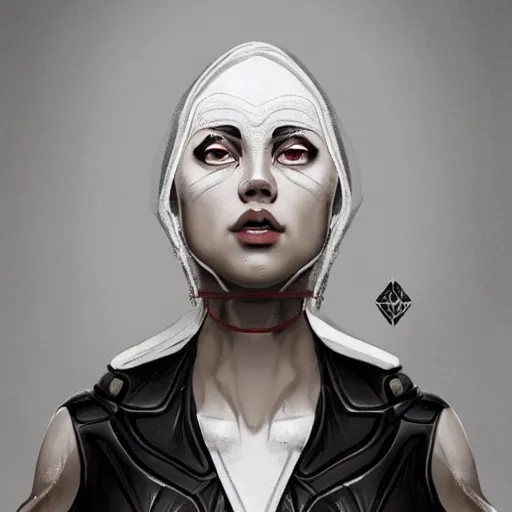 Prompt: head and shoulders portrait of modern darna, woman turned into a hard boiled egg, intricate, elegant, dark vibes, highly detailed, digital painting, artstation, glamor pose, concept art, smooth, sharp focus, illustration, art by wlop, mars ravelo and greg rutkowski