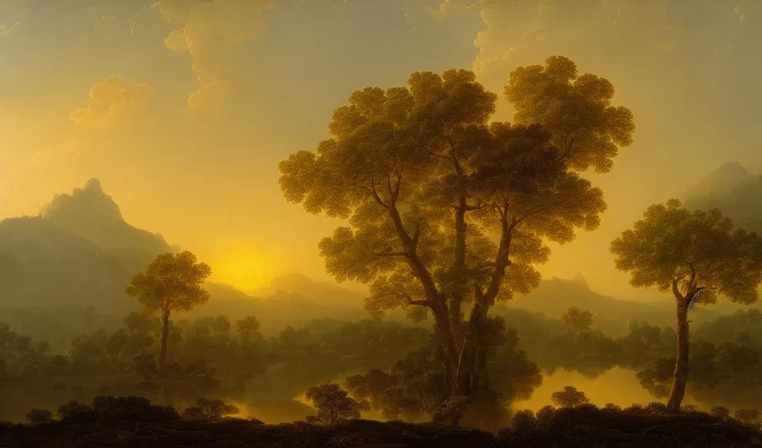 Prompt: a diamond tree forest at sunset, there is golden castle off in the distance, highly detailed landscape painting by claude lorrain, golden hour, misty ominous atmosphere