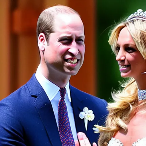 Prompt: detailed close up photos the duke of cambridge prince william marrying american popstar britney spears, happy couple, human, wedding photos on instagram, official photos, wedding photo