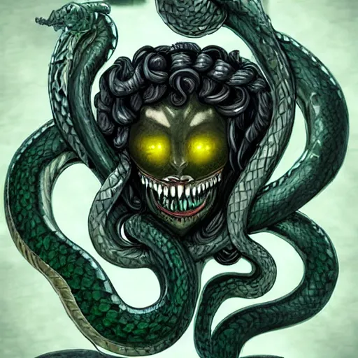 Image similar to torquoise fantasy fanged medusa, medusa head, snake heads, medusa head, snake heads, medusa head, snake tongue, snake tongue, snake eyes, hair made of snake eyes, fantasy game art, fantasy rpg, league of legends