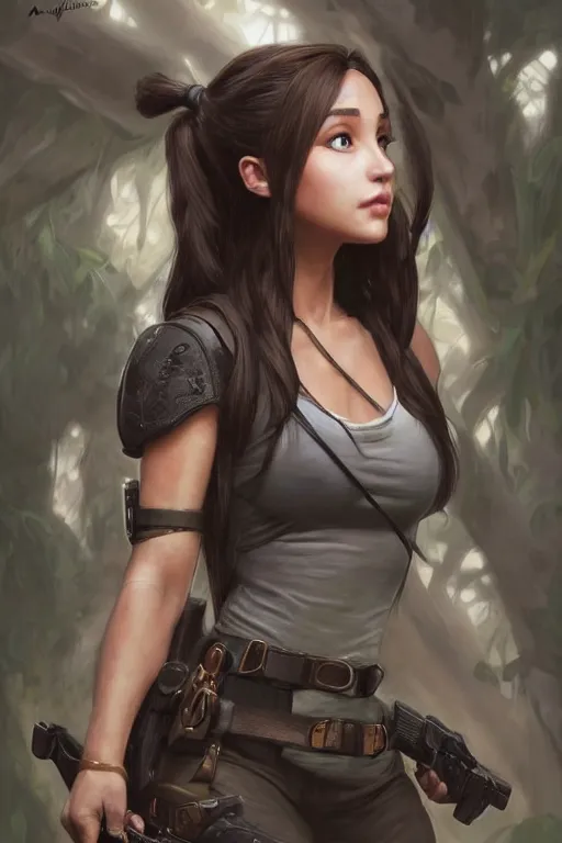 Image similar to beautiful cottagecore Ariana Grande as laura croft, Black Hair, tomb raider, intricate, elegant, highly detailed, digital painting, artstation, concept art, smooth, sharp, focus, illustration, art by artgerm and greg rutkowski and alphonse mucha