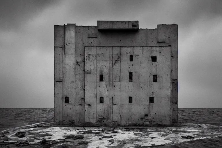 Image similar to high key lighting, danila tkachenko, photograph of an abandonet soviet building bloc in the middle of the ocean, lighting storm,