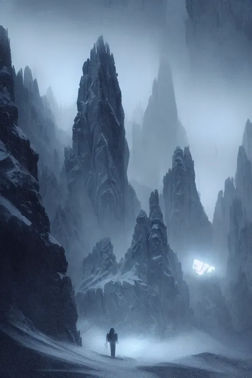 Image similar to futuristic atmosphere in the snowy mountains dolomites 3 d concept art, cinematic lighting, bladerunner scene, intricate details, building by zaha hadid, stormy weather, emissary space by arthur haas and bruce pennington and john schoenherr, cinematic matte painting, dark moody monochrome colors, trending on artstation, featured on behance