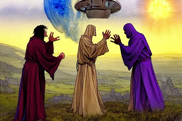 Image similar to a realistic and atmospheric watercolour fantasy character concept art portrait of a three christians wearing robes greeting an alien. they are emerging from the mist on the moors of ireland at night. a ufo is in the background. by rebecca guay, michael kaluta, charles vess and jean moebius giraud