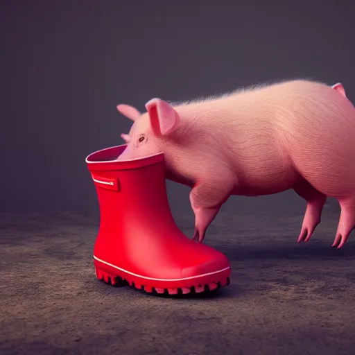 Prompt: digital art of a baby pig in red rainboots, 8 k render, octane render, saturated