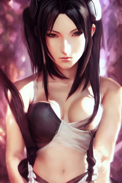 Prompt: beautiful, tifa style, final fantsy, digital painting, portrait , cinematic lighting, highly detailed, artstation, concept art, illustration, smooth, sharp focus, editor's pickup, trending on artstation, trending on deviantart, alphonse mucha, WLOP