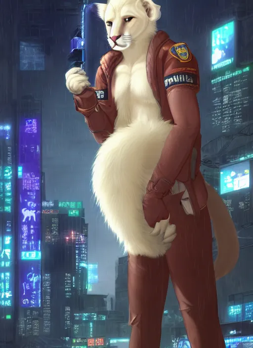 Prompt: character portrait of a male anthro albino mountain lion fursona with a tail and a cute beautiful attractive furry face wearing a police uniform in a cyberpunk city at night while it rains. hidari, color page, tankoban, 4K, tone mapping, Akihiko Yoshida.