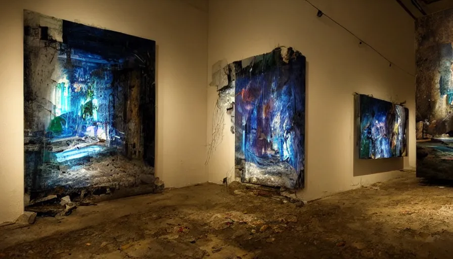 Image similar to photos of landscapes, in a decrepit art gallery, painted on by robots! dramatic lighting