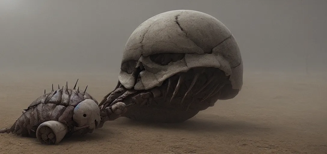 Prompt: an isopod in the shape of a skull, foggy, cinematic shot, photo still from movie by denis villeneuve, wayne barlowe