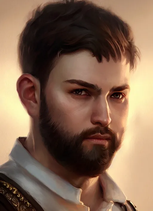 Image similar to a _ fantasy _ style _ portrait _ painting _ of slightly chubby white male very short hair short stubble, brown hair, rpg dnd oil _ painting _ unreal _ 5 _ daz. _ rpg _ portrait _ extremely _ detailed _ artgerm _ greg _ rutkowski _ greg