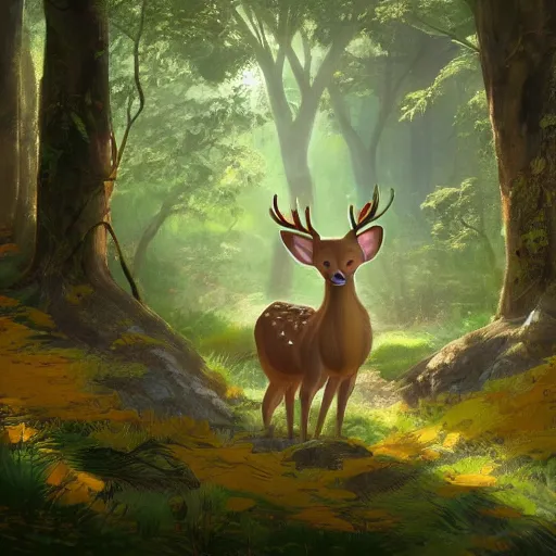 Prompt: concept art painting of an anthropomorphic elderly chubby doe deer wearing yellow robes, in the deep forest, realistic, detailed, cel shaded, in the style of makoto shinkai and greg rutkowski and james gurney