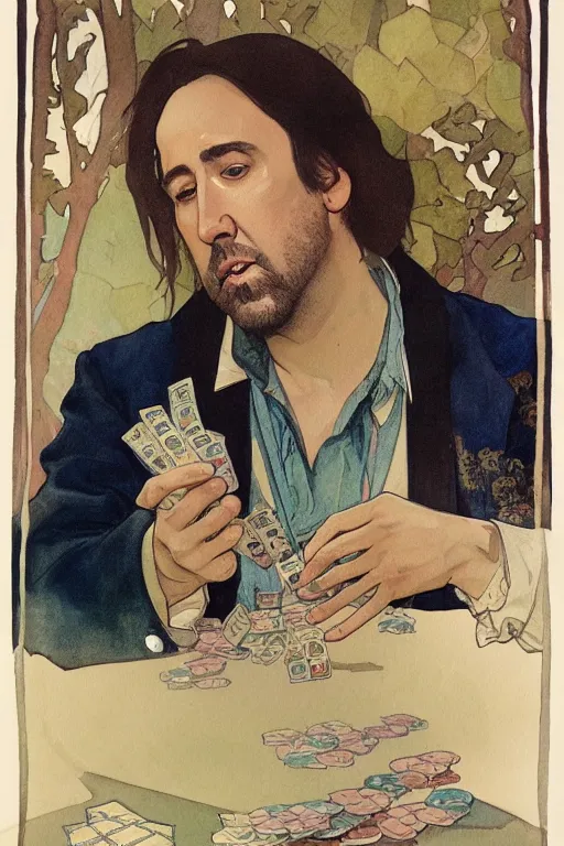 Image similar to watercolor illustration of nicolas cage playing poker in korea, by alphonse mucha, highly detailed, digital illustration, trending in artstation, modern painting, smooth, sharp focus, intricate