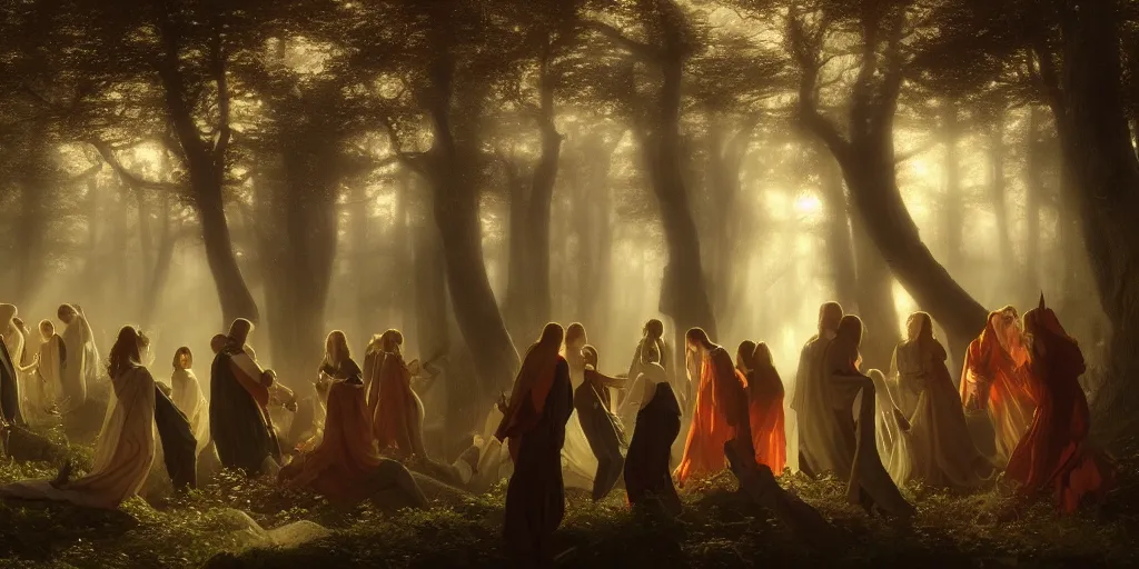 Prompt: masterpiece ephemeral demons, vampires and witches dancing in the woods at dusk, edmund leighton, majestic, volumetric lighting, photorealistic, intricate, trending on artstation 8 k