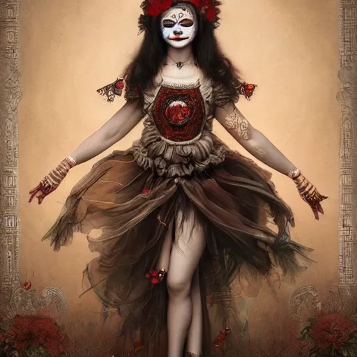 Image similar to ultra realist soft painting of a single attractive asian female clown with gothic makeup smiling in a long dress, curiosities carnival, symmetry accurate features, very intricate details, focus, curvy, artstyle by Tom Bagshaw, award winning