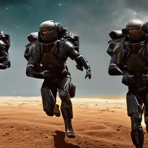 Image similar to wide angle action shot of enhanced super soldiers with jet packs flying over craters and trenches, highly detailed, highly textured, atmospheric, night, explosions futuristic, from the movie Dune (2021)